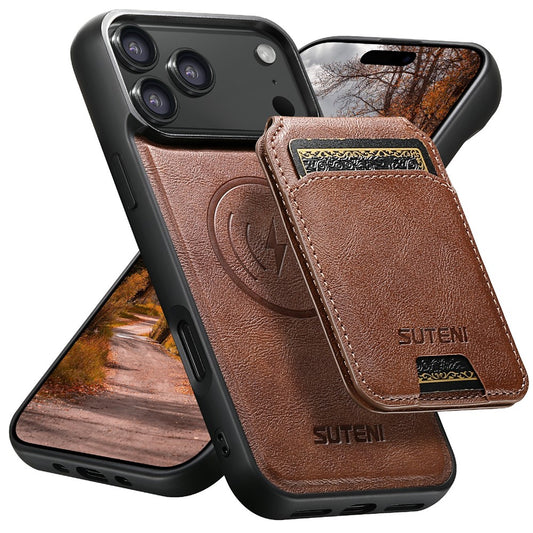 SUTENI M5 For iPhone 17 Pro Max Magnetic Case with Card Bag Cowhide Texture Leather Phone Back Cover - Brown