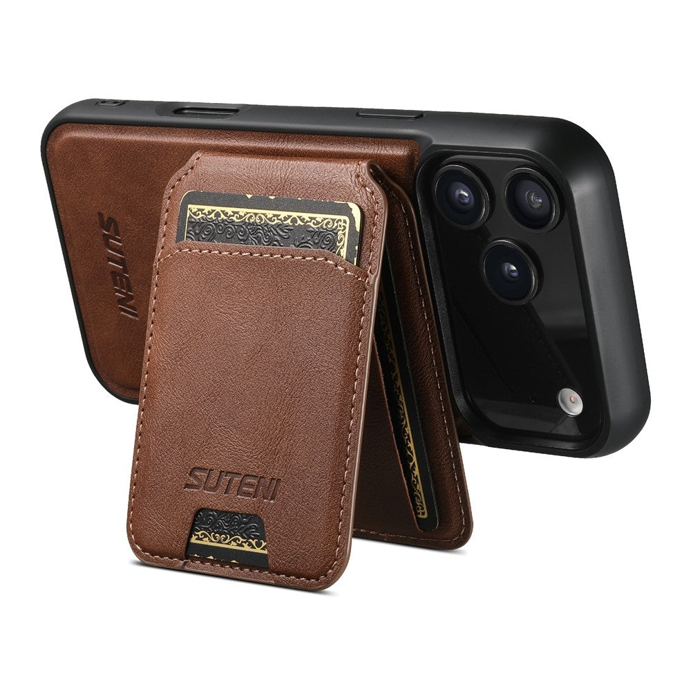 SUTENI M5 For iPhone 17 Pro Max Magnetic Case with Card Bag Cowhide Texture Leather Phone Back Cover - Brown