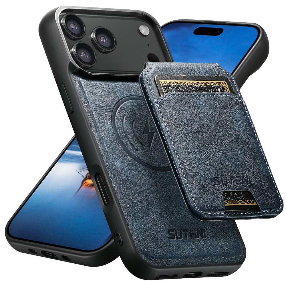 SUTENI M5 For iPhone 17 Pro Max Magnetic Case with Card Bag Cowhide Texture Leather Phone Back Cover - Blue