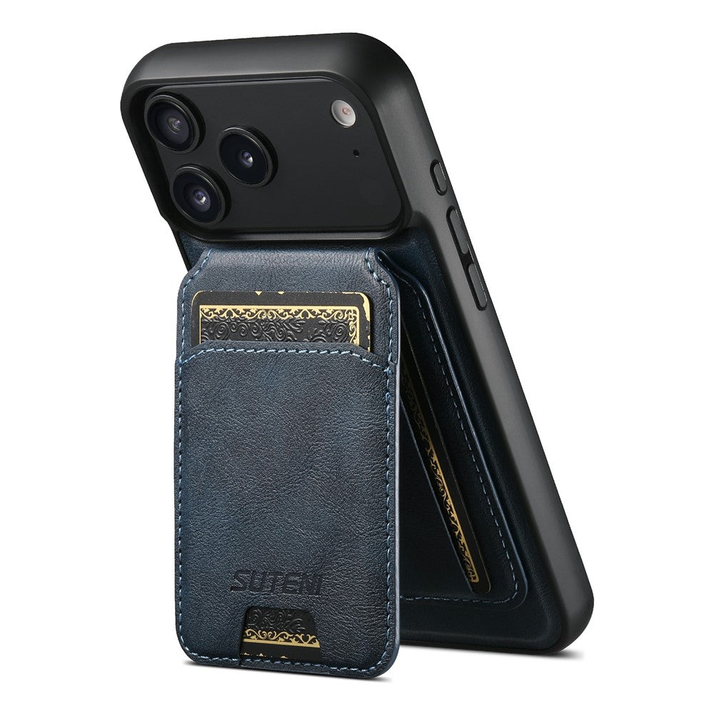 SUTENI M5 For iPhone 17 Pro Max Magnetic Case with Card Bag Cowhide Texture Leather Phone Back Cover - Blue