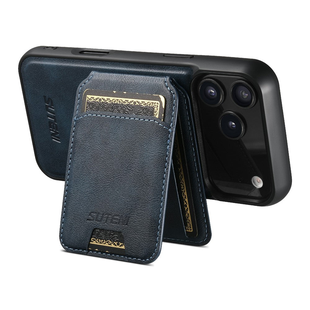 SUTENI M5 For iPhone 17 Pro Max Magnetic Case with Card Bag Cowhide Texture Leather Phone Back Cover - Blue