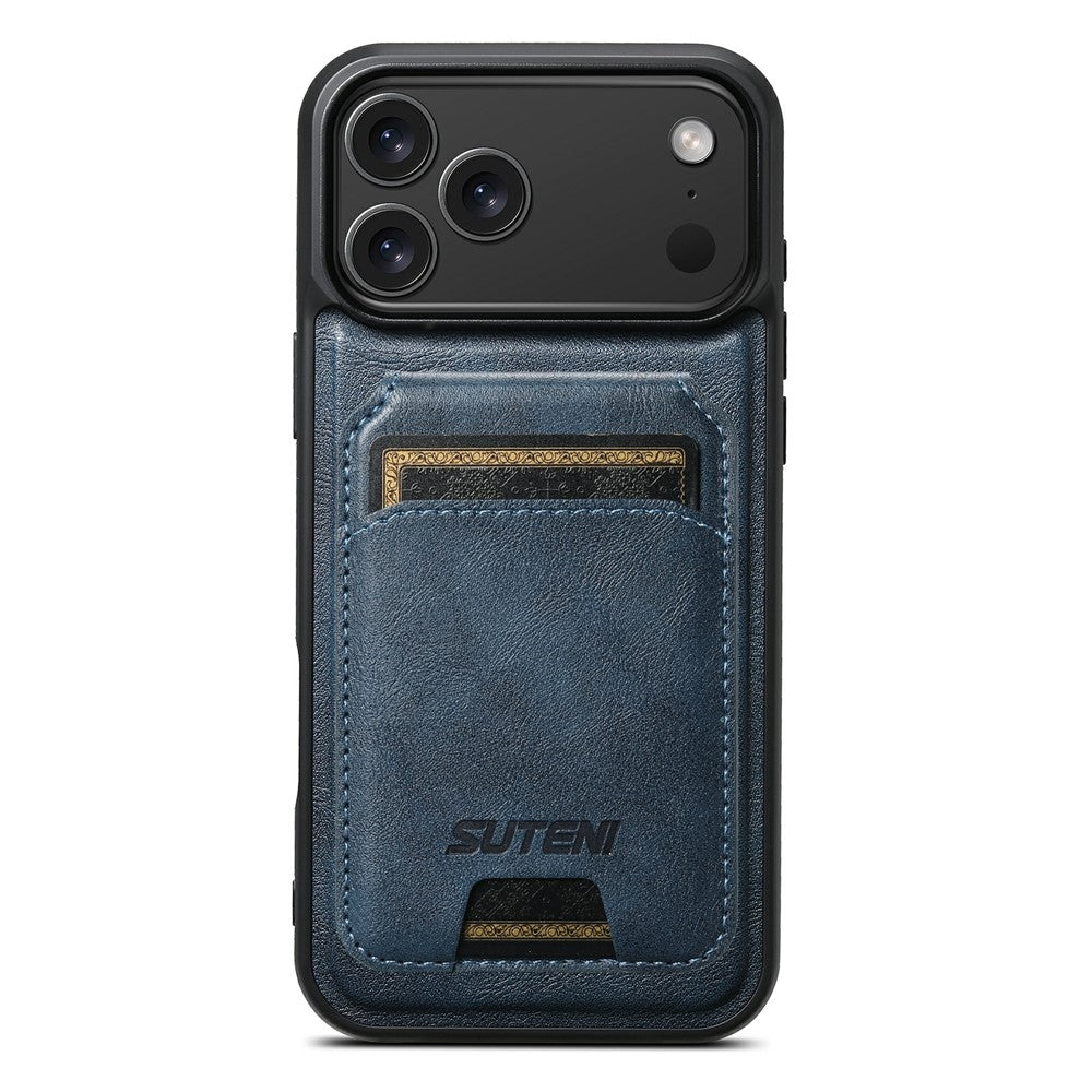 SUTENI M5 For iPhone 17 Pro Max Magnetic Case with Card Bag Cowhide Texture Leather Phone Back Cover - Blue