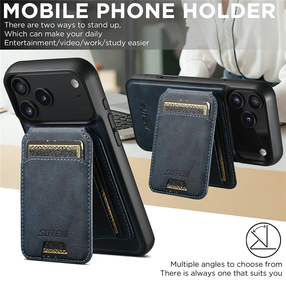 SUTENI M5 For iPhone 17 Pro Max Magnetic Case with Card Bag Cowhide Texture Leather Phone Back Cover - Blue