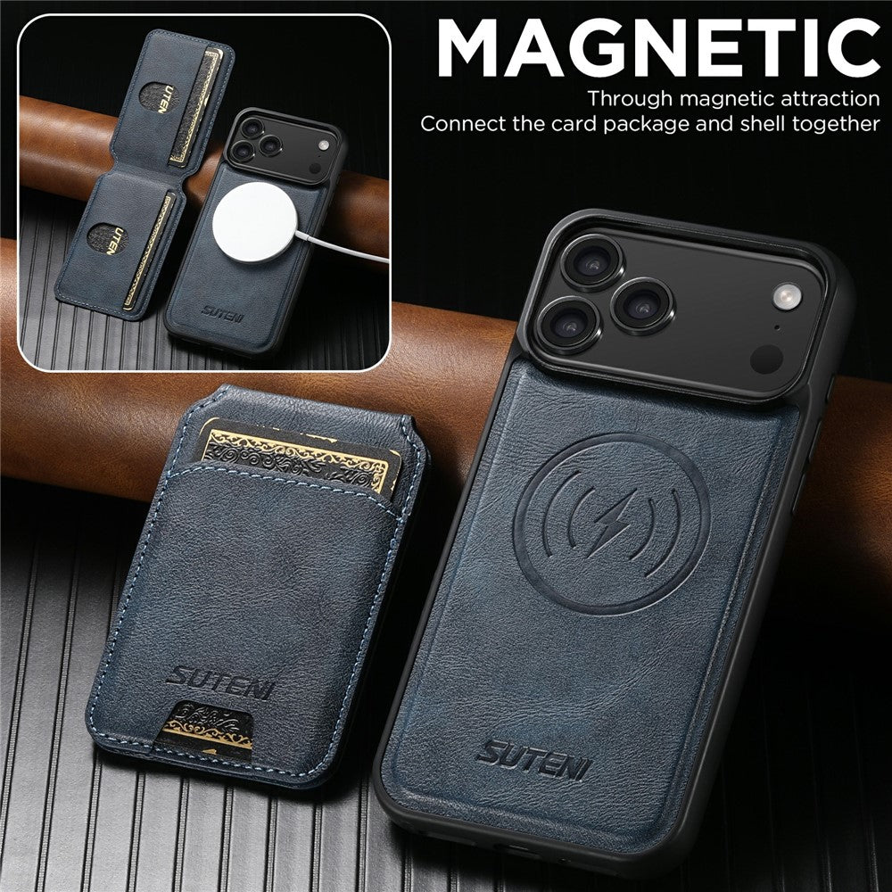SUTENI M5 For iPhone 17 Pro Max Magnetic Case with Card Bag Cowhide Texture Leather Phone Back Cover - Blue