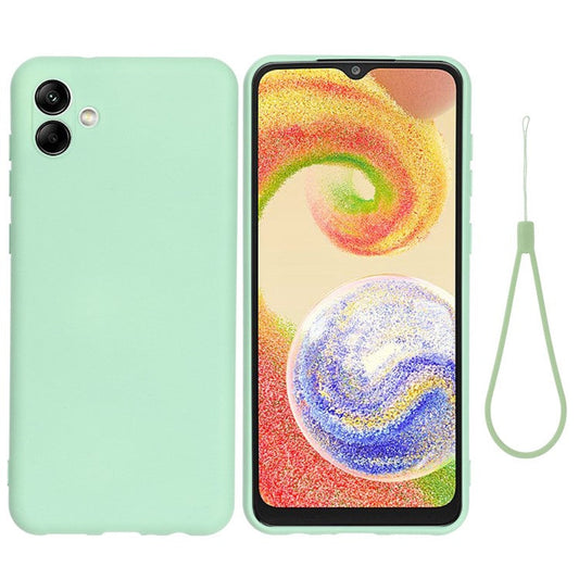 For Samsung Galaxy A04 4G (164.4 x 76.3 x 9.1 mm) Liquid Silicone Phone Case Anti-Scratch Soft Fiber Lining Camera Protection Cover with Strap - Green