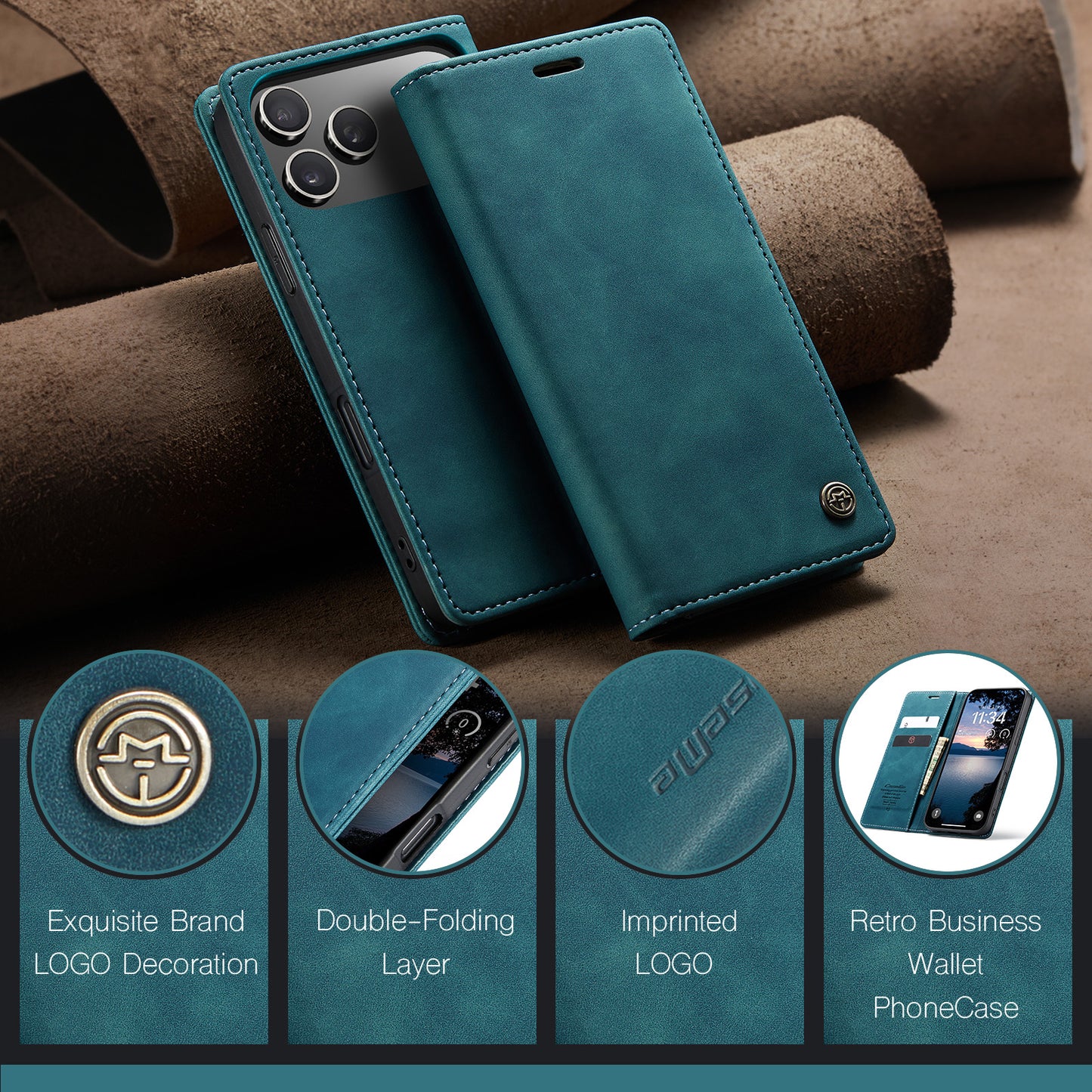 For iPhone 17 Pro Max Wallet Case CASEME 013 Series PU Leather Phone Cover Stand - Blue