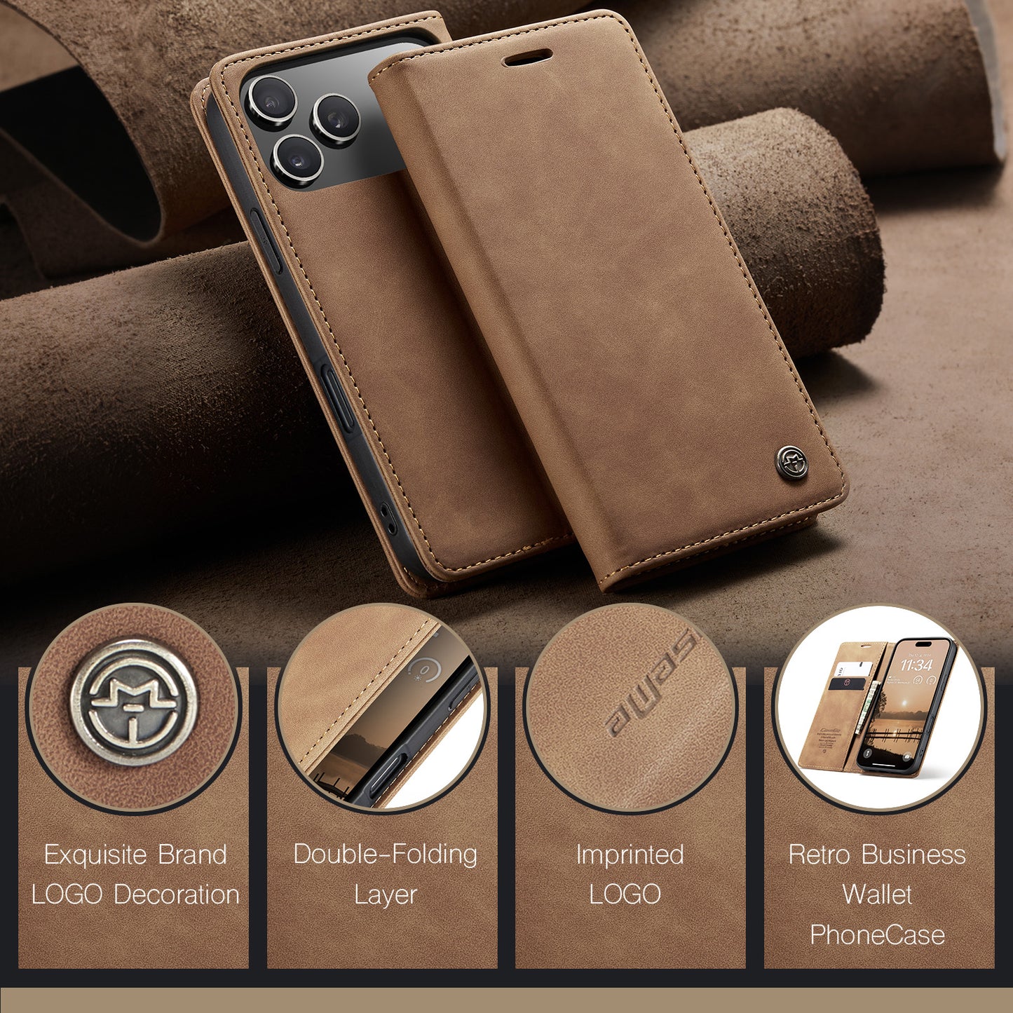 For iPhone 17 Pro Max Wallet Case CASEME 013 Series PU Leather Phone Cover Stand - Brown