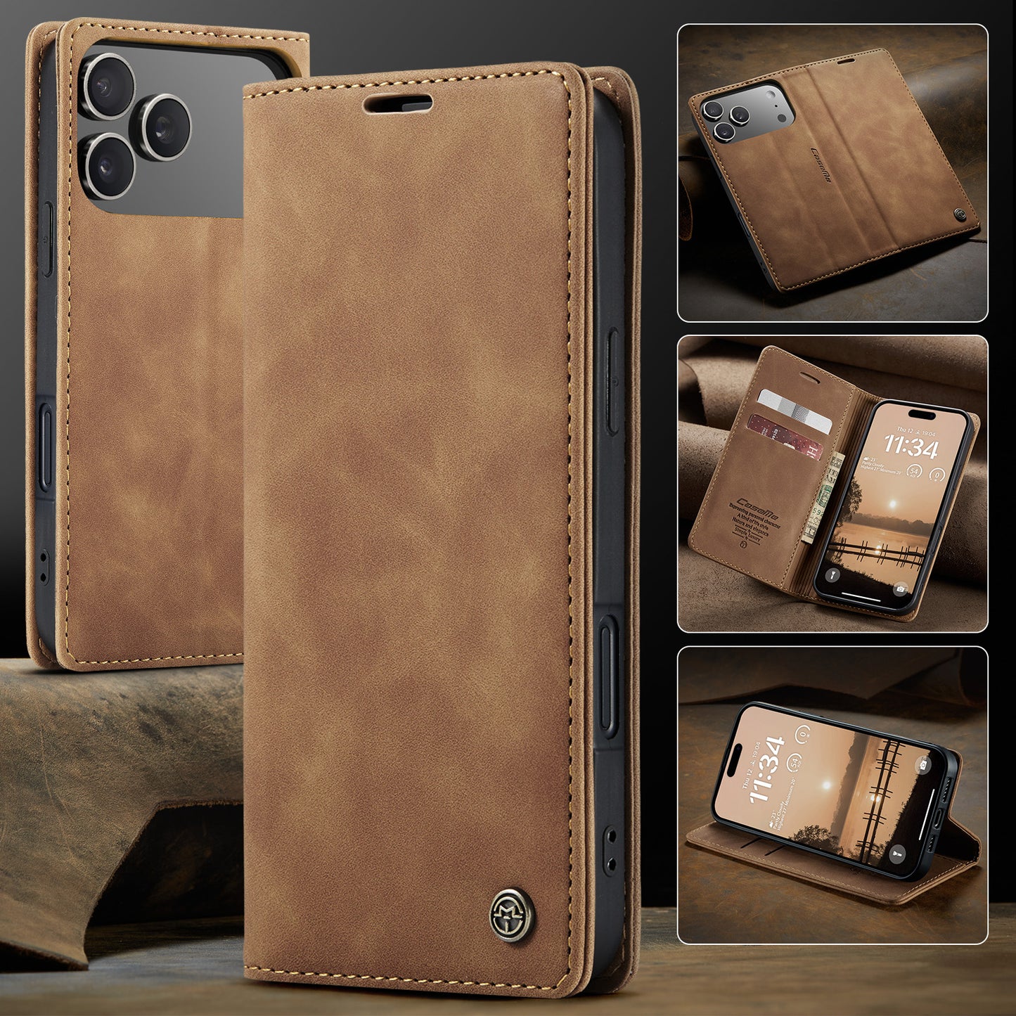 For iPhone 17 Pro Max Wallet Case CASEME 013 Series PU Leather Phone Cover Stand - Brown