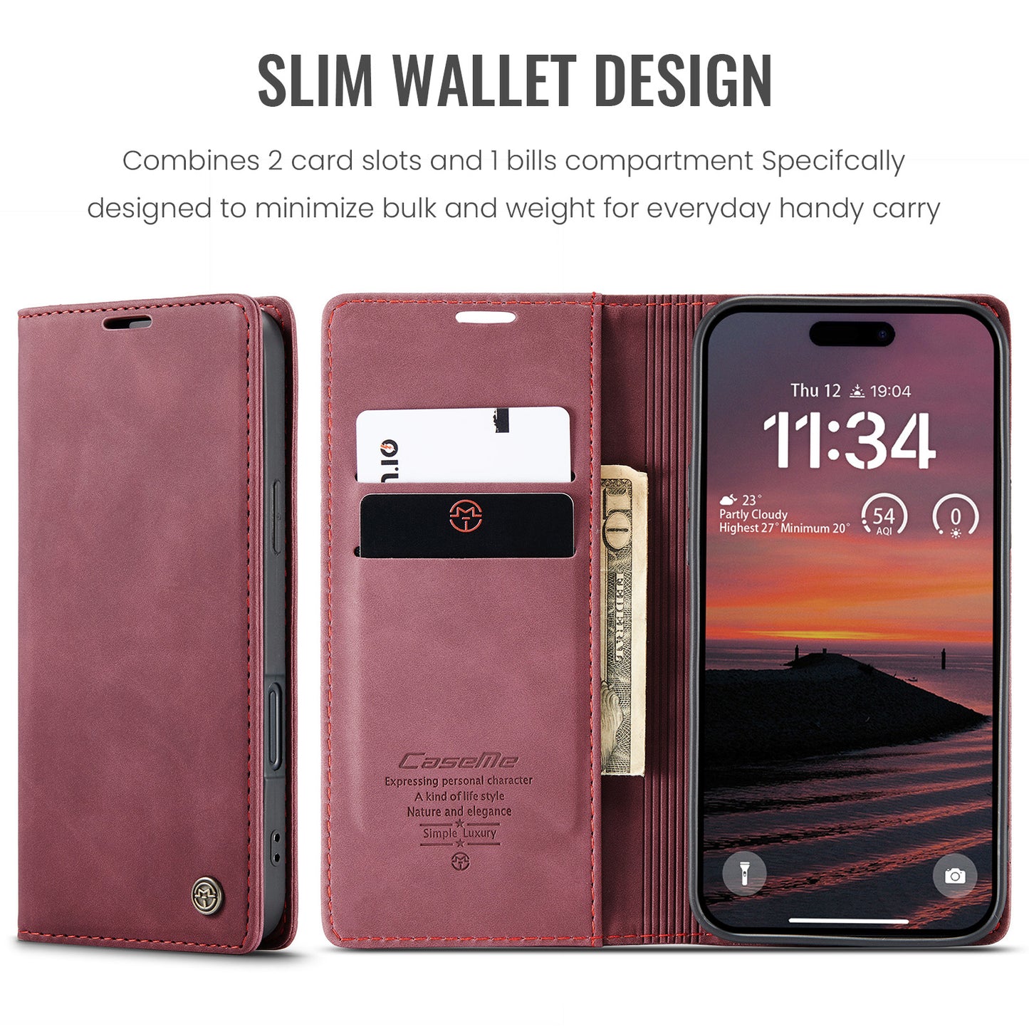 For iPhone 17 Pro Max Wallet Case CASEME 013 Series PU Leather Phone Cover Stand - Red