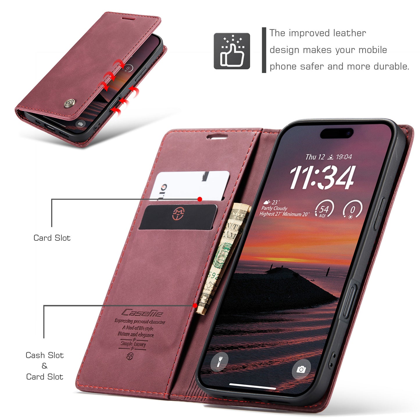 For iPhone 17 Pro Max Wallet Case CASEME 013 Series PU Leather Phone Cover Stand - Red