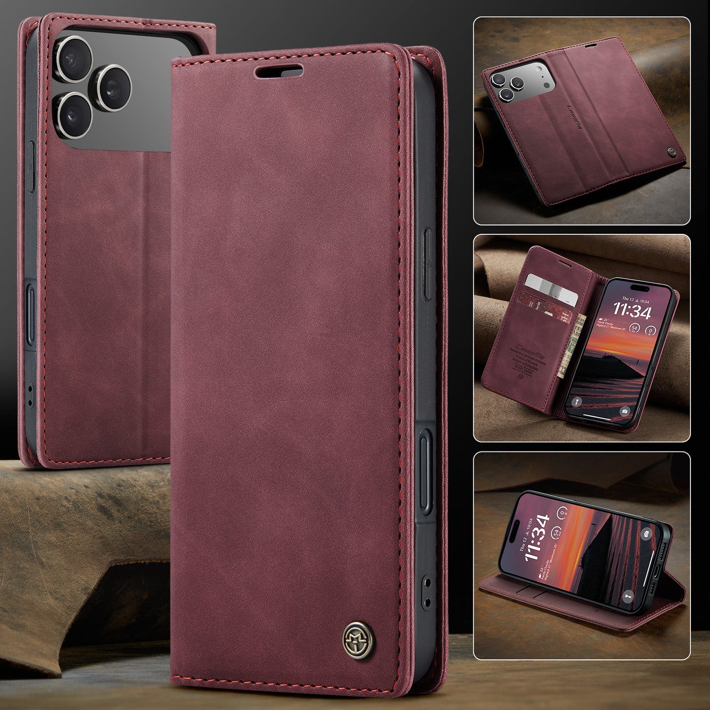 For iPhone 17 Pro Max Wallet Case CASEME 013 Series PU Leather Phone Cover Stand - Red