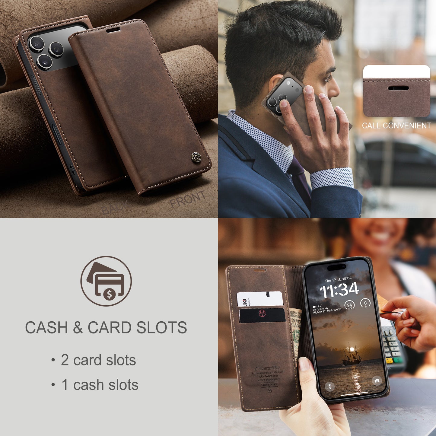 For iPhone 17 Pro Max Wallet Case CASEME 013 Series PU Leather Phone Cover Stand - Coffee