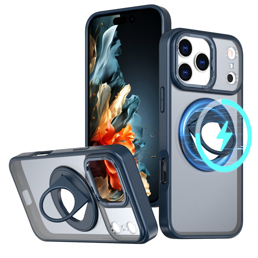 For iPhone 17 Pro Max Clear Back Case Rotating Kickstand TPU + PC Phone Cover Compatible with MagSafe - Dark Blue