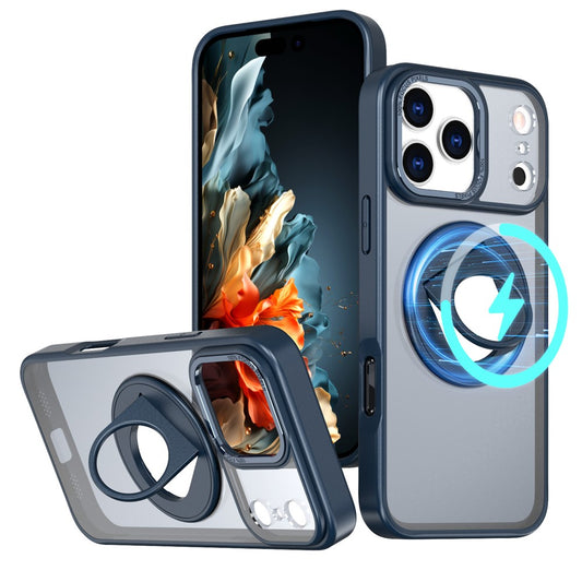 For iPhone 17 Pro Max Clear Back Case Rotating Kickstand TPU + PC Phone Cover Compatible with MagSafe - Dark Blue