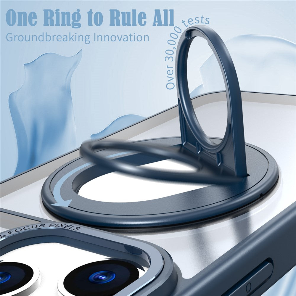 For iPhone 17 Pro Max Clear Back Case Rotating Kickstand TPU + PC Phone Cover Compatible with MagSafe - Dark Blue