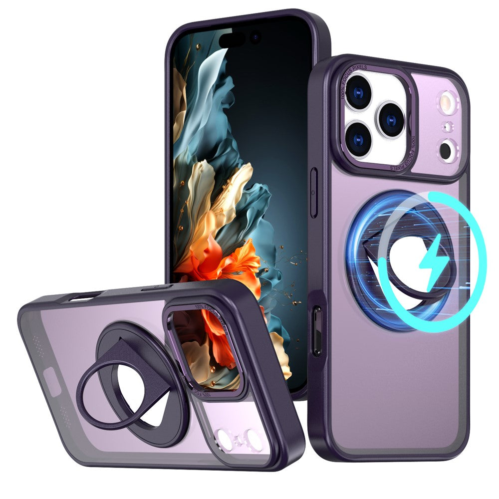 For iPhone 17 Pro Max Clear Back Case Rotating Kickstand TPU + PC Phone Cover Compatible with MagSafe - Purple