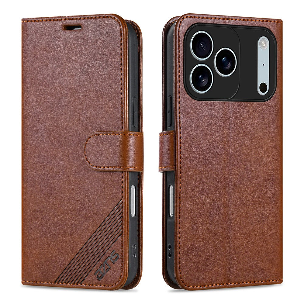 AZNS For iPhone 17 Pro Max Case Anti-Scratch PU Leather Stand Wallet Phone Cover - Brown