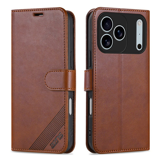 AZNS For iPhone 17 Pro Max Case Anti-Scratch PU Leather Stand Wallet Phone Cover - Brown
