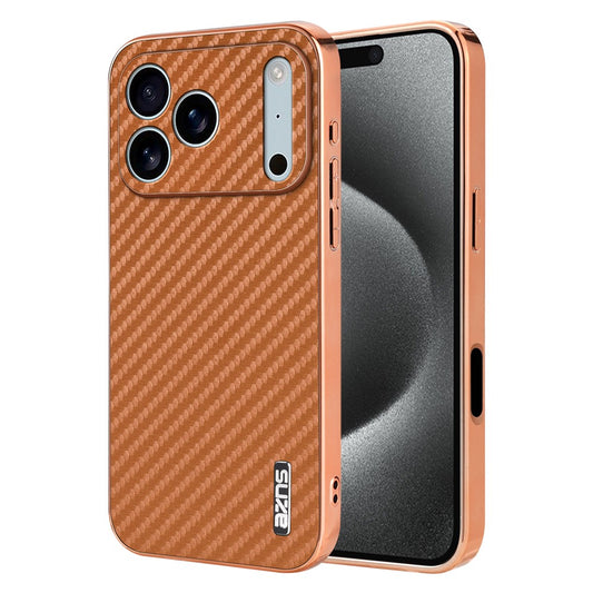 AZNS For iPhone 17 Pro Max Case Electroplating Carbon Fiber Texture PU + TPU Phone Cover - Brown