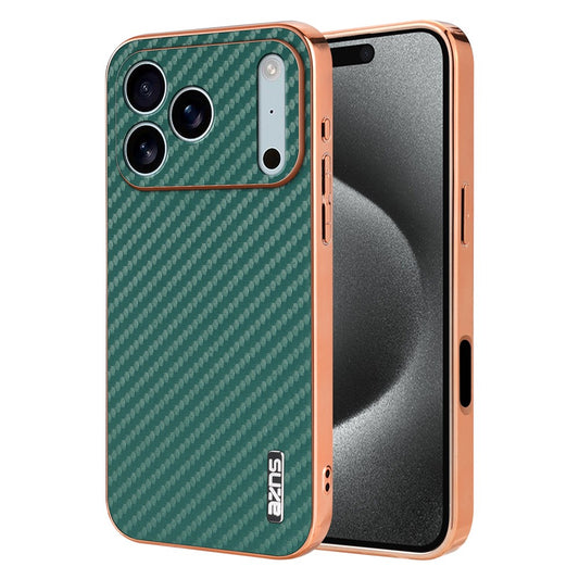 AZNS For iPhone 17 Pro Max Case Electroplating Carbon Fiber Texture PU + TPU Phone Cover - Green