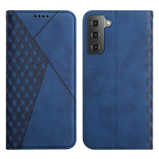 For Samsung Galaxy S23 Imprinted Rhombus Pattern PU Leather Wallet Case Skin-touch Stand Hidden Magnetic Absorption Shockproof Folio Cover - Sapphire