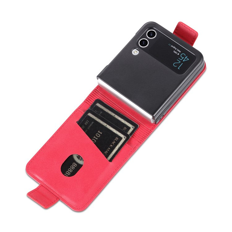 AZNS For Samsung Galaxy Z Flip3 5G Shockproof Case Cowhide Texture PU Leather Case Magnetic Closure Folio Flip Phone Cover with Card Slot - Red