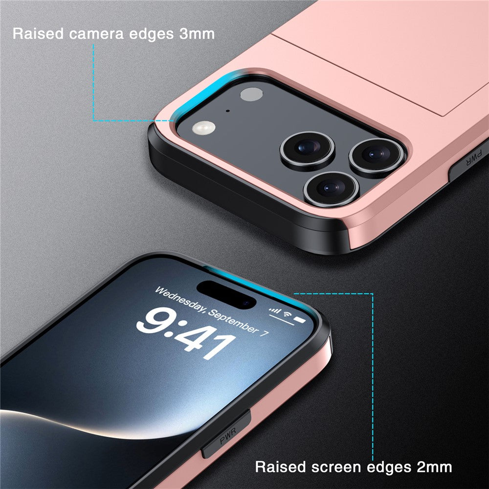 AMORUS For iPhone 17 Pro Max Case with Sliding Card Holder PC TPU Phone Back Cover - Rose Gold