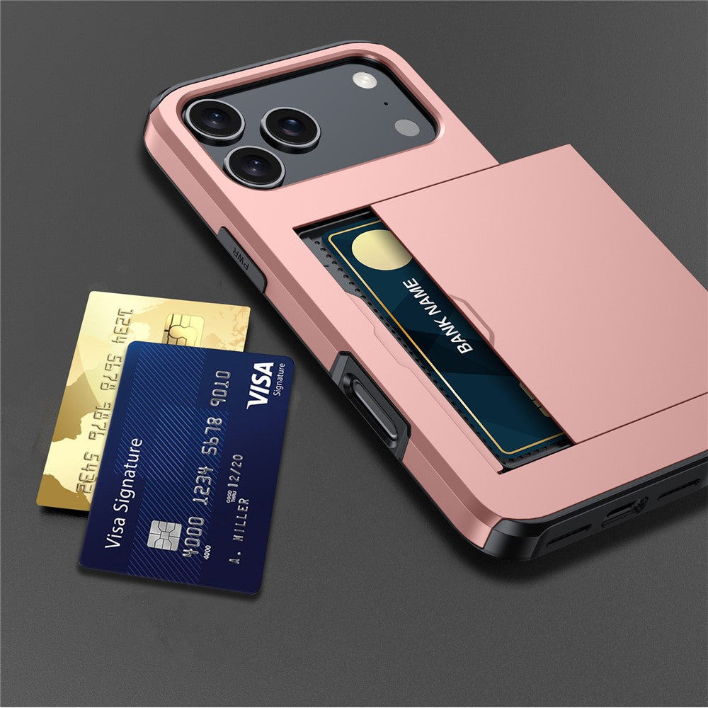 AMORUS For iPhone 17 Pro Max Case with Sliding Card Holder PC TPU Phone Back Cover - Rose Gold