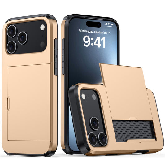 AMORUS For iPhone 17 Pro Max Case with Sliding Card Holder PC TPU Phone Back Cover - Gold