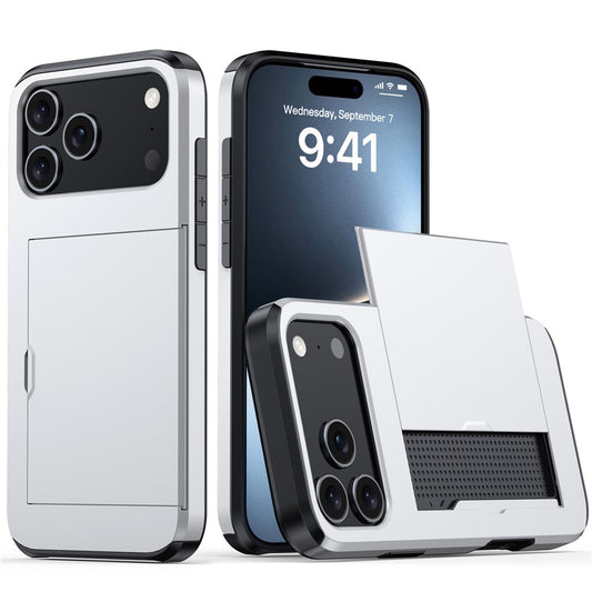AMORUS For iPhone 17 Pro Max Case with Sliding Card Holder PC TPU Phone Back Cover - Silver
