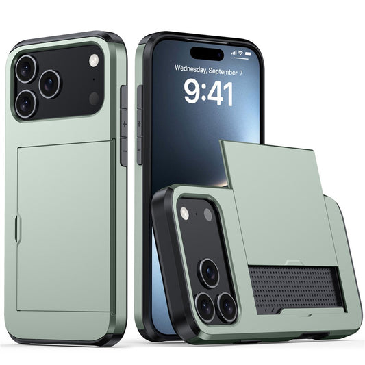AMORUS For iPhone 17 Pro Max Case with Sliding Card Holder PC TPU Phone Back Cover - Army Green