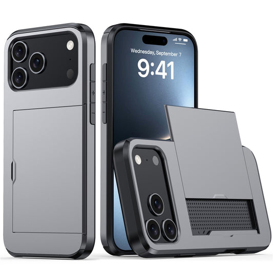 AMORUS For iPhone 17 Pro Max Case with Sliding Card Holder PC TPU Phone Back Cover - Grey