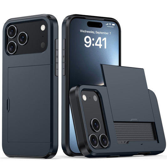 AMORUS For iPhone 17 Pro Max Case with Sliding Card Holder PC TPU Phone Back Cover - Navy Blue