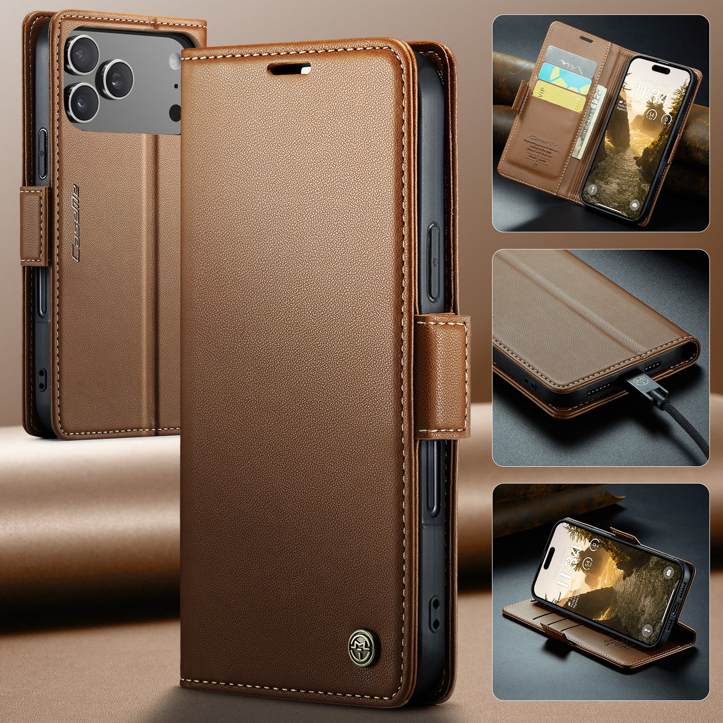 For iPhone 17 Pro Max Case CASEME 023 Series RFID Blocking Leather Wallet Stand Phone Cover - Brown