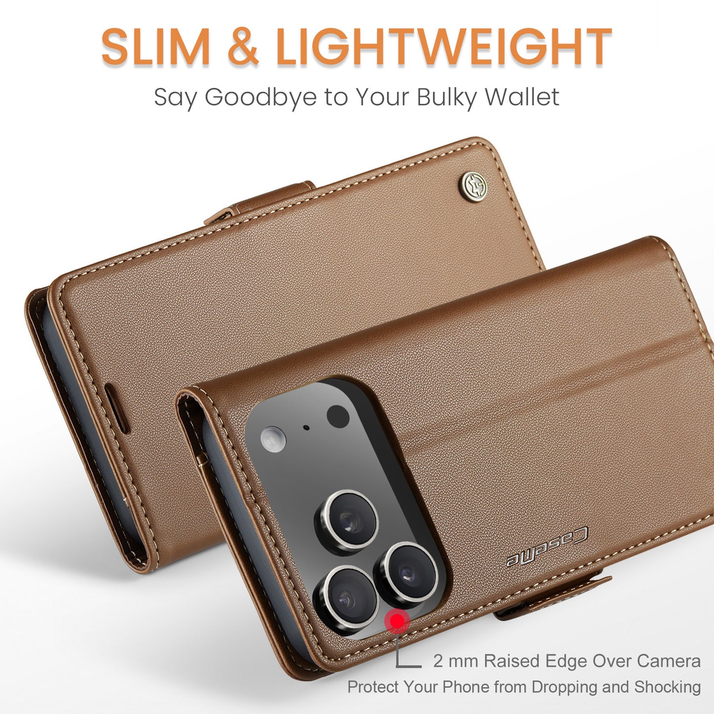 For iPhone 17 Pro Max Case CASEME 023 Series RFID Blocking Leather Wallet Stand Phone Cover - Brown