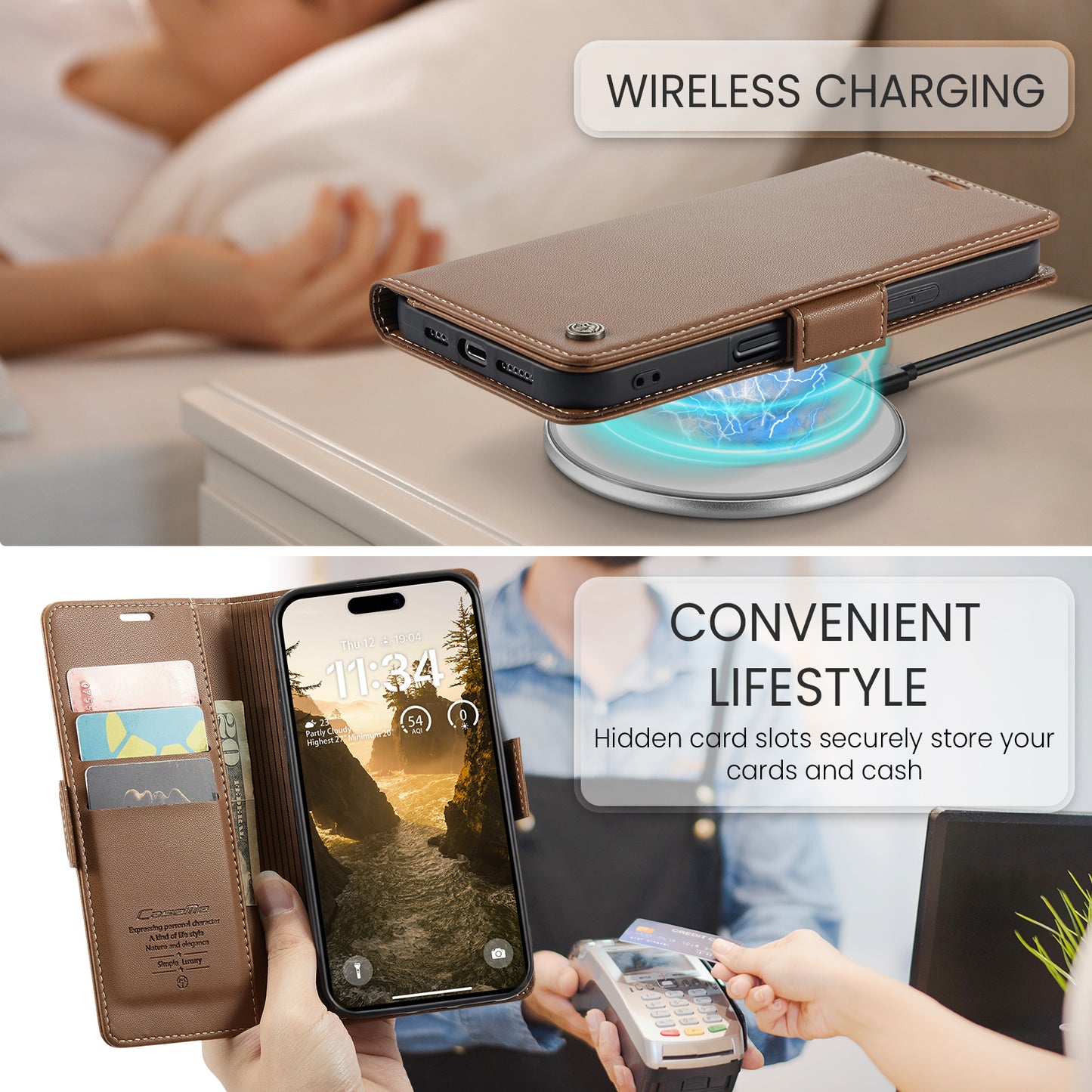 For iPhone 17 Pro Max Case CASEME 023 Series RFID Blocking Leather Wallet Stand Phone Cover - Brown