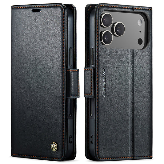 For iPhone 17 Pro Max Case CASEME 023 Series RFID Blocking Leather Wallet Stand Phone Cover - Black
