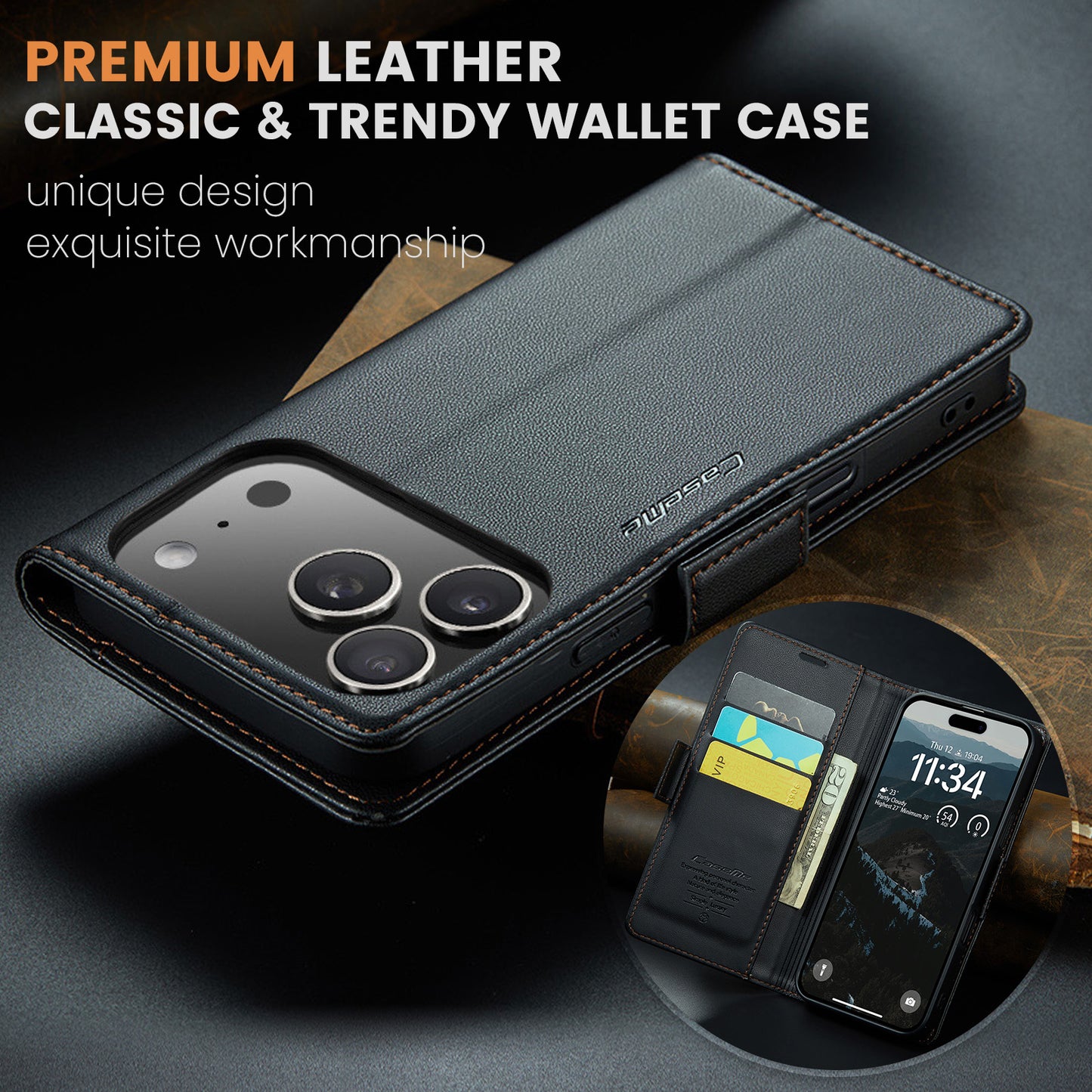 For iPhone 17 Pro Max Case CASEME 023 Series RFID Blocking Leather Wallet Stand Phone Cover - Black