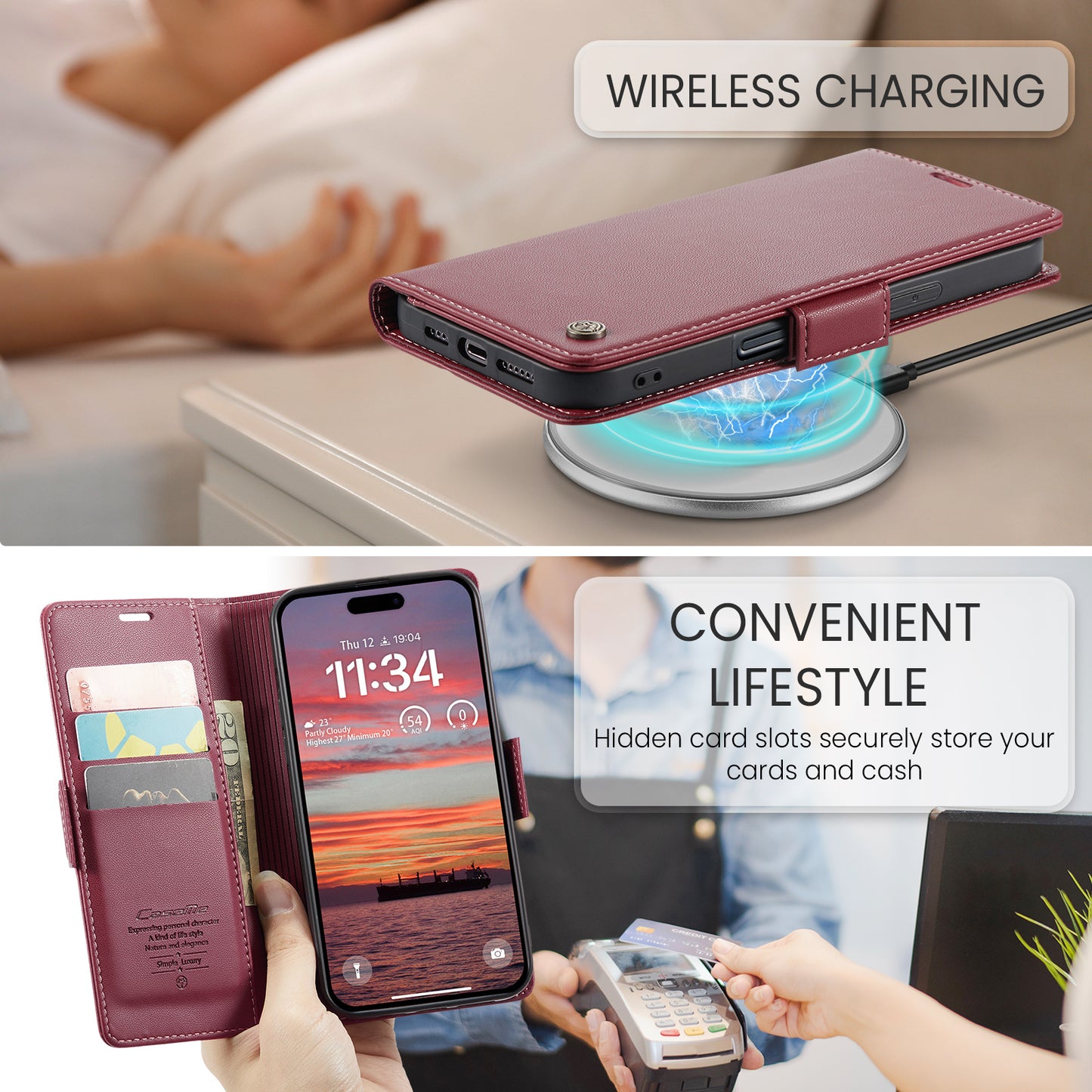 For iPhone 17 Pro Max Case CASEME 023 Series RFID Blocking Leather Wallet Stand Phone Cover - Red