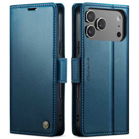For iPhone 17 Pro Max Case CASEME 023 Series RFID Blocking Leather Wallet Stand Phone Cover - Blue