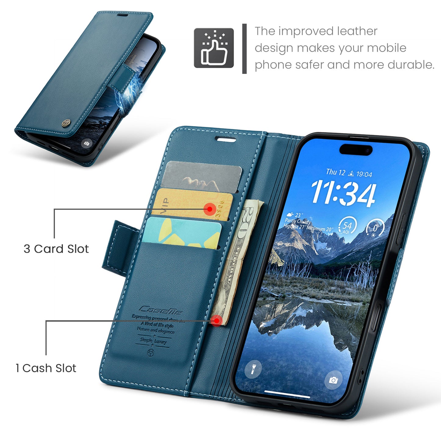 For iPhone 17 Pro Max Case CASEME 023 Series RFID Blocking Leather Wallet Stand Phone Cover - Blue