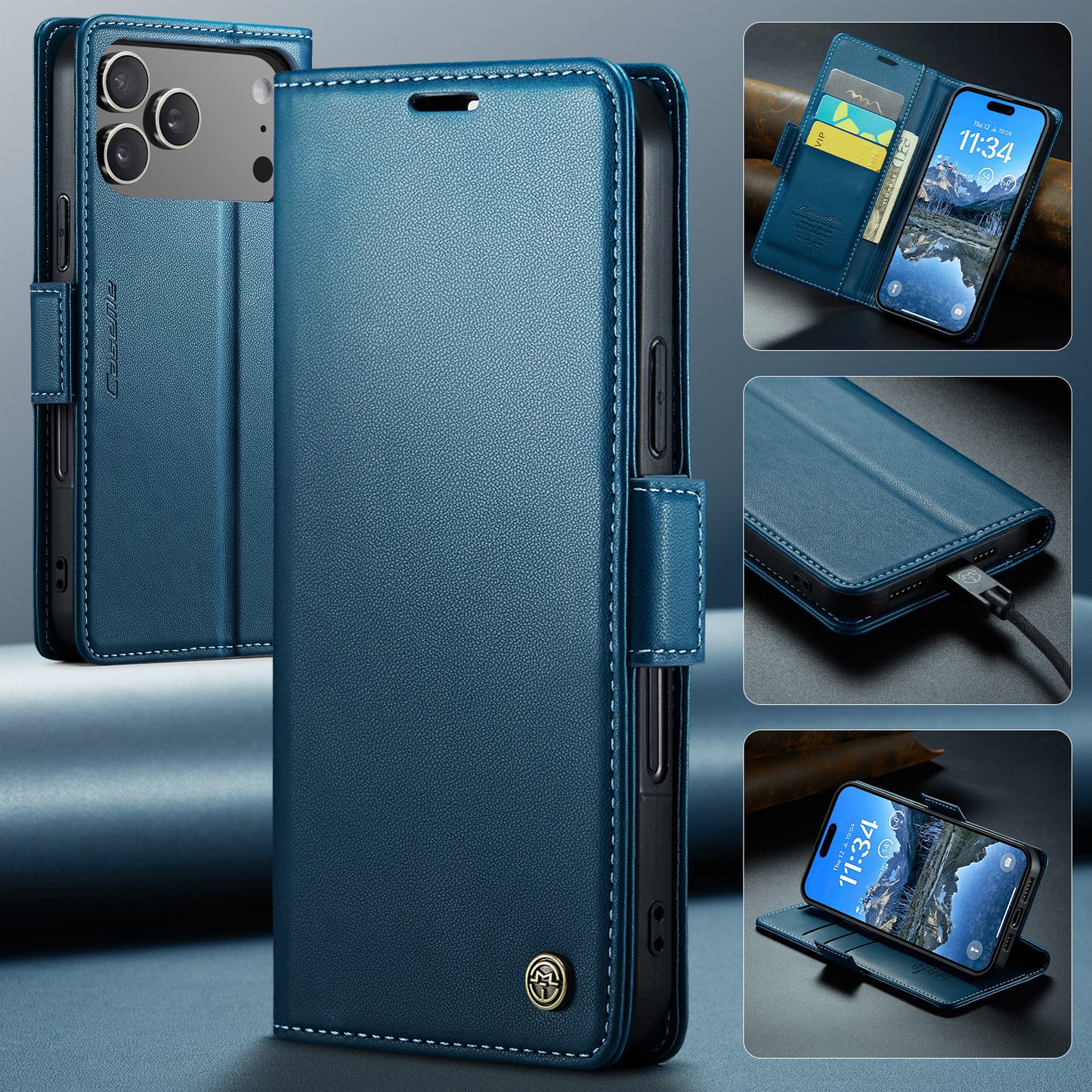 For iPhone 17 Pro Max Case CASEME 023 Series RFID Blocking Leather Wallet Stand Phone Cover - Blue