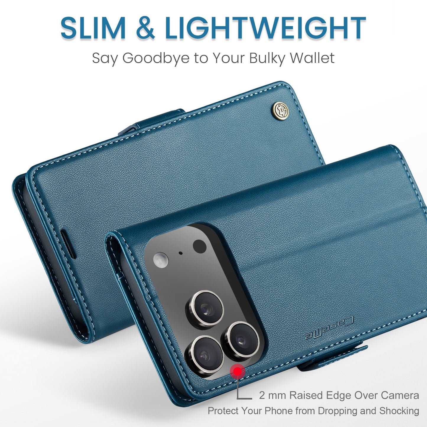 For iPhone 17 Pro Max Case CASEME 023 Series RFID Blocking Leather Wallet Stand Phone Cover - Blue