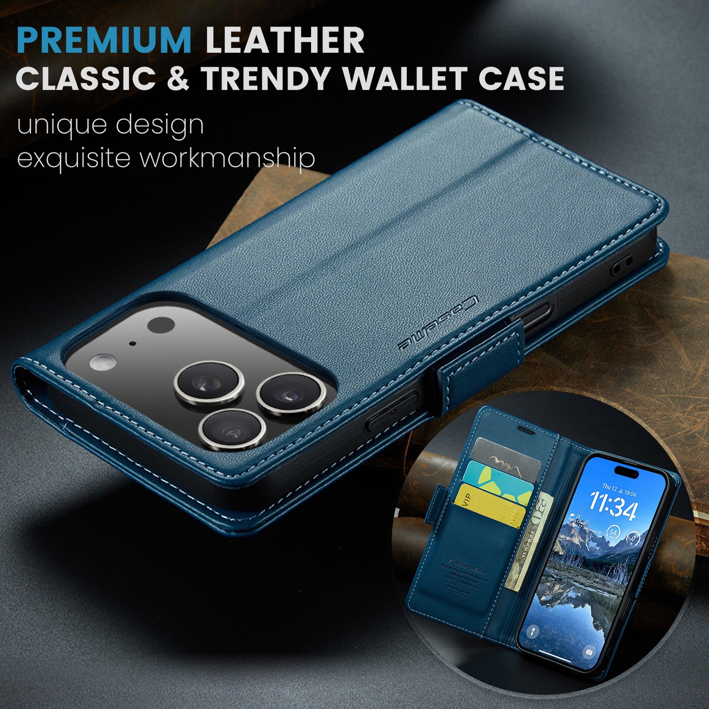 For iPhone 17 Pro Max Case CASEME 023 Series RFID Blocking Leather Wallet Stand Phone Cover - Blue
