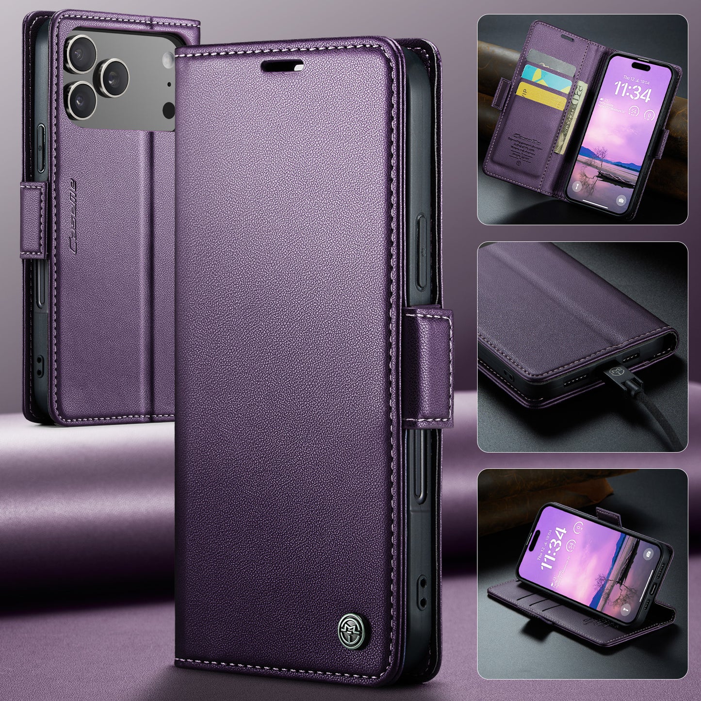 For iPhone 17 Pro Max Case CASEME 023 Series RFID Blocking Leather Wallet Stand Phone Cover - Purple