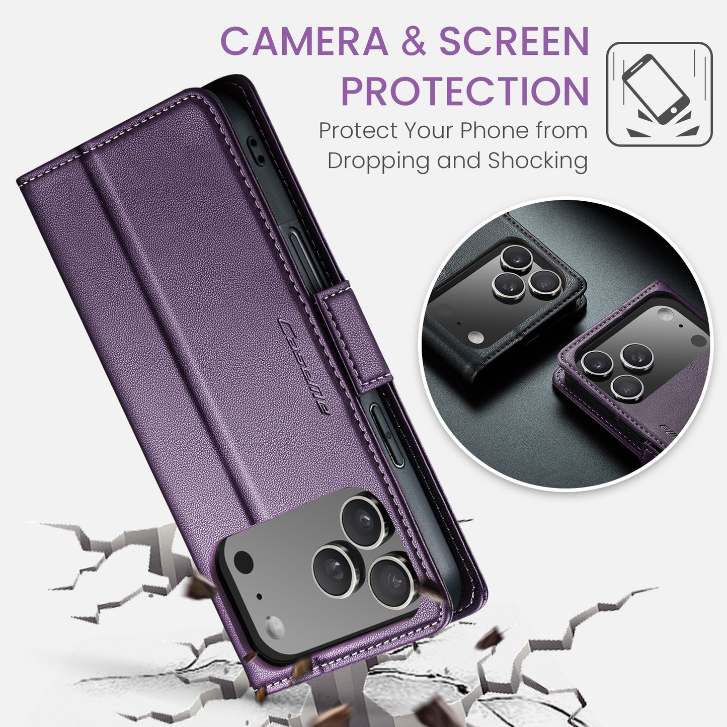 For iPhone 17 Pro Max Case CASEME 023 Series RFID Blocking Leather Wallet Stand Phone Cover - Purple