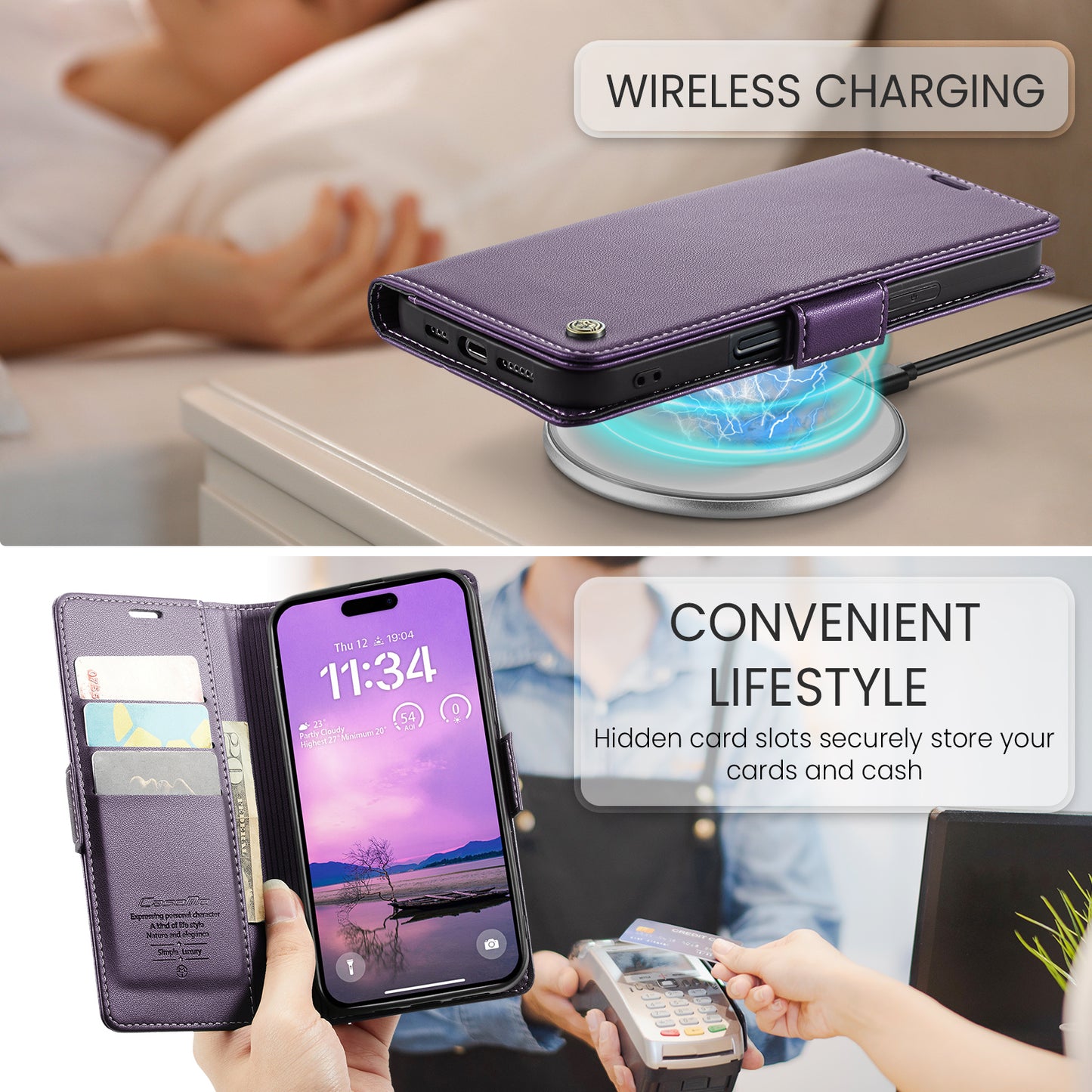 For iPhone 17 Pro Max Case CASEME 023 Series RFID Blocking Leather Wallet Stand Phone Cover - Purple