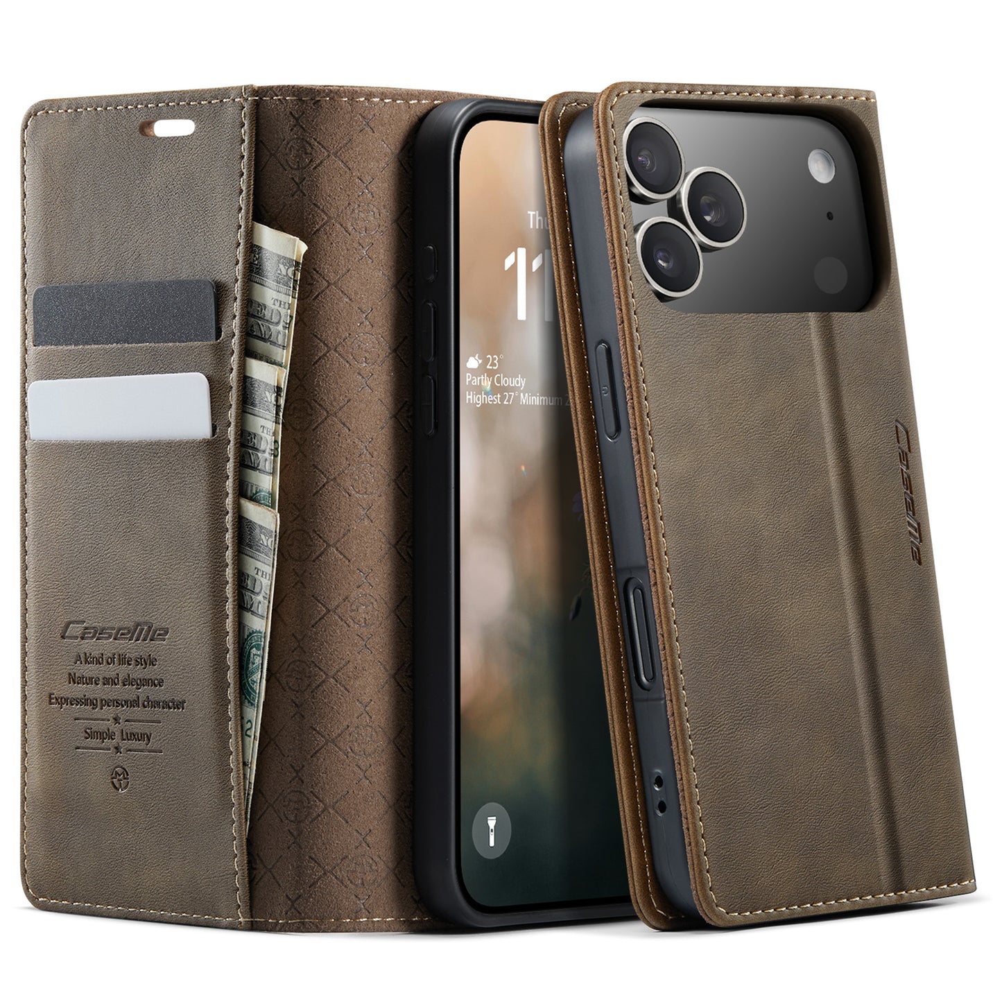 For iPhone 17 Pro Max Case CASEME 033 Series RFID Blocking Wallet Stand Calf Texture Leather Phone Cover - Coffee