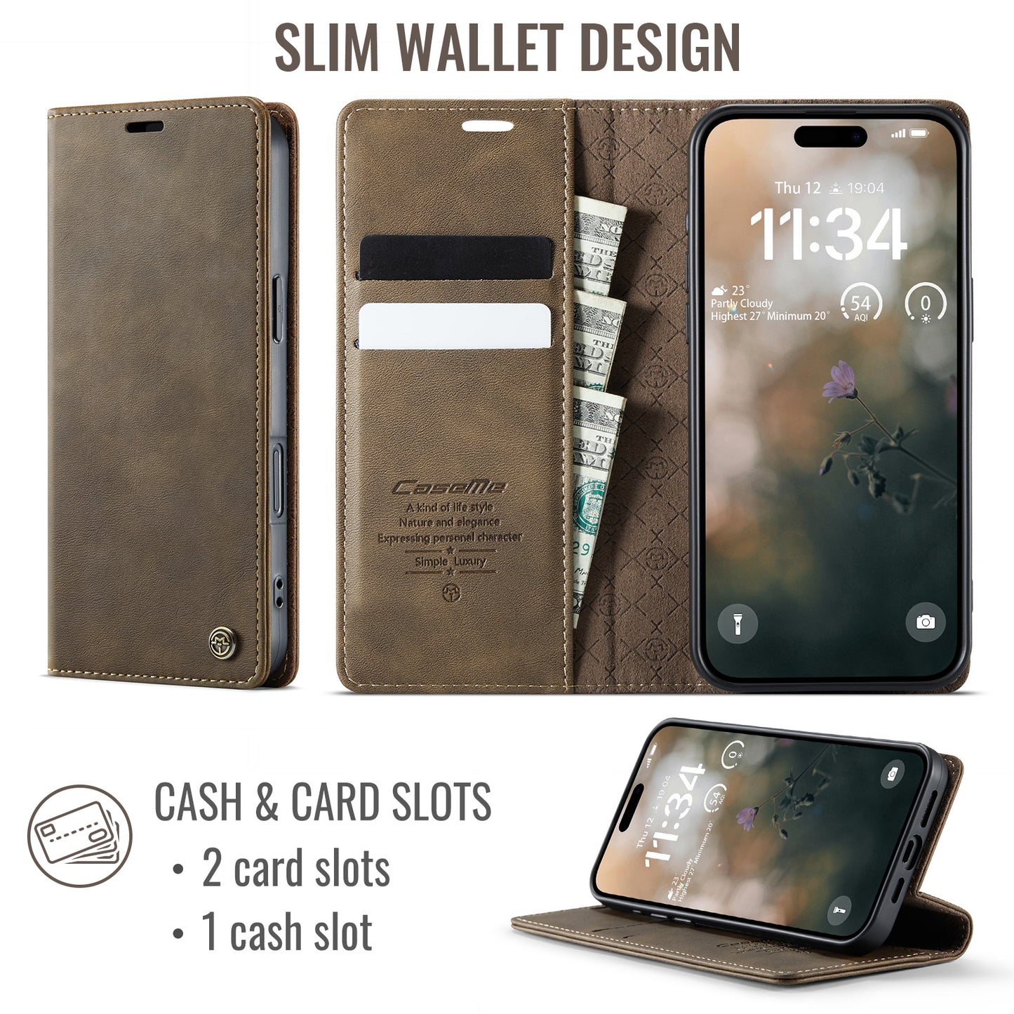 For iPhone 17 Pro Max Case CASEME 033 Series RFID Blocking Wallet Stand Calf Texture Leather Phone Cover - Coffee