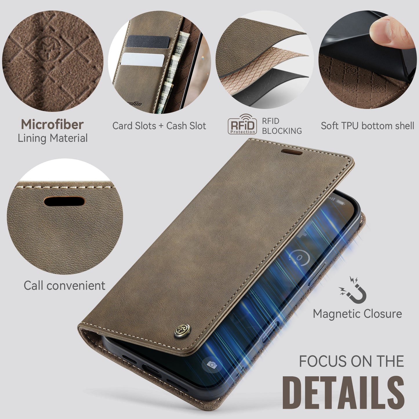 For iPhone 17 Pro Max Case CASEME 033 Series RFID Blocking Wallet Stand Calf Texture Leather Phone Cover - Coffee